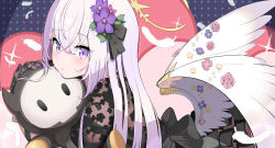 Rule 34 | 1girl, azusa (blue archive), black bow, black dress, blue archive, blush, bow, dress, falling feathers, feathers, floral print, flower, from side, hair bow, hair flower, hair ornament, highres, hugging object, long hair, looking at viewer, print dress, purple eyes, purple flower, rindou ringdong, see-through, see-through dress, sidelocks, sideways glance, skullman (blue archive), solo, straight hair, stuffed toy, upper body, white hair, white wings, wing ornament, wings