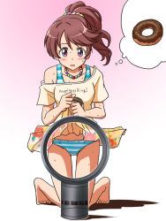 Rule 34 | 1girl, barefoot, bead necklace, beads, bladeless fan, blush, bra strap, brown hair, clothes lift, clothes writing, commentary request, crotch seam, doughnut, english text, floral print, food, frown, full body, gluteal fold, gradient background, hair ornament, hair scrunchie, idolmaster, idolmaster cinderella girls, imagining, jewelry, kneeling, lielos, lifting own clothes, long hair, looking at viewer, medium hair, miniskirt, necklace, off-shoulder shirt, off shoulder, open mouth, panties, pink background, ponytail, print skirt, purple eyes, scrunchie, shadow, shiina noriko, shirt, short hair, skirt, skirt lift, solo, striped clothes, striped panties, sweat, underwear, yellow shirt