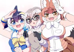 Rule 34 | 3girls, animal ears, bare shoulders, black hair, blowhole, blush, bow, breasts, brown hair, common dolphin (kemono friends), dhole (kemono friends), dog ears, dog girl, dog tail, dolphin girl, dorsal fin, extra ears, fangs, glasses, gloves, grey hair, highres, japari symbol, kemono friends, kemono friends 3, large breasts, long sleeves, looking at viewer, mamiyama, meerkat (kemono friends), meerkat ears, meerkat tail, multicolored hair, multiple girls, open mouth, salute, shirt, short hair, skirt, sleeveless, smile, sweater, tail, two-tone hair, two-tone sweater, white hair