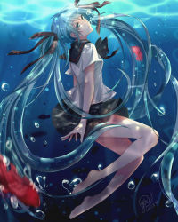 Rule 34 | 1girl, 2015, barefoot, black bow, black bowtie, black ribbon, black sailor collar, black skirt, blue hair, blurry, blurry foreground, bottle miku, bow, bowtie, collared shirt, dated, fish, floating hair, from side, green eyes, hair ribbon, hatsune miku, highres, long hair, miniskirt, na yeon, parted lips, pleated skirt, ribbon, sailor collar, sailor shirt, shirt, skirt, solo, twintails, underwater, very long hair, vocaloid, white shirt