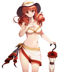 Rule 34 | 1girl, absurdres, arcelle, bikini, breasts, celica (fire emblem), cleavage, closed umbrella, collarbone, earrings, fire emblem, fire emblem echoes: shadows of valentia, groin, highres, holding, holding umbrella, jewelry, long hair, medium breasts, nail polish, navel, nintendo, parasol, red eyes, red hair, sarong, smile, solo, swimsuit, transparent background, umbrella, white bikini
