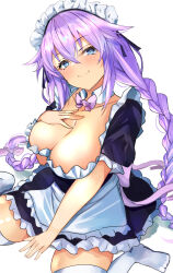 Rule 34 | 1girl, absurdres, alternate costume, apron, bimmy, blue eyes, blush, braid, breasts, cleavage, enmaided, hair ornament, highres, large breasts, long hair, maid, maid apron, maid headdress, neptune (series), power symbol, power symbol-shaped pupils, purple hair, purple heart (neptunia), simple background, sitting, solo, symbol-shaped pupils, thighhighs, twin braids, twintails, white thighhighs