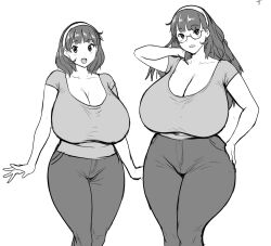 Rule 34 | 1girl, age progression, aged up, arm up, breasts, cleavage, curvy, earrings, erkaz, feet out of frame, greyscale, hairband, hand on own hip, highres, huge breasts, jewelry, long hair, medium hair, monochrome, open mouth, original, rina atherina, short sleeves, simple background, thighs, white background, white hairband, wide hips