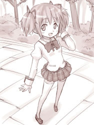 Rule 34 | 10s, 1girl, bad id, bad pixiv id, blush, female focus, full body, kaname madoka, mahou shoujo madoka magica, mahou shoujo madoka magica (anime), monochrome, nature, open mouth, outdoors, plant, school uniform, short hair, short twintails, smile, solo, thighhighs, twintails, umeboshitora
