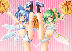 Rule 34 | 2girls, bare arms, bare shoulders, black legwear, blue bow, blue eyes, blue hair, blush, bow, bra, breasts, chima q, cirno, collarbone, commentary, daiyousei, embarrassed, fairy wings, frown, green eyes, green hair, hair between eyes, hair bow, heart, ice, ice wings, kneepits, large bow, leg up, multiple girls, navel, outline, outstretched arm, panties, pink background, pom pom (cheerleading), short hair, simple background, small breasts, socks, split, sports bra, standing, standing on one leg, standing split, striped, striped background, touhou, underwear, underwear only, v-shaped eyebrows, vertical stripes, wavy mouth, white bra, white outline, white panties, wings, yellow bow