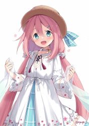 Rule 34 | 1girl, blue eyes, choker, dress, floral print, flower, hair between eyes, hair ornament, hairclip, hairpin, hat, highres, kagamihara nadeshiko, long hair, looking at viewer, low twintails, nyanya, open mouth, pink hair, plaid, scrunchie, see-through, shawl, simple background, solo, sun hat, twintails, twitter username, very long hair, white background, white choker, white dress, white flower, yurucamp