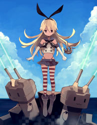 Rule 34 | 10s, 1girl, :3, anchor, ankle boots, bad id, bad pixiv id, black eyes, blonde hair, boots, elbow gloves, fuco, gloves, grey footwear, hairband, kantai collection, long hair, navel, personification, rensouhou-chan, shimakaze (kancolle), skirt, socks, striped clothes, striped thighhighs, thighhighs, white gloves