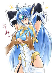 Rule 34 | 00s, android, armor, armpits, arms behind head, black gloves, blue hair, blush, grabbing another&#039;s breast, breasts squeezed together, breasts, elbow gloves, closed eyes, gloves, grabbing, kos-mos, large breasts, long hair, negresco, open mouth, underboob, very long hair, xenosaga, xenosaga episode iii