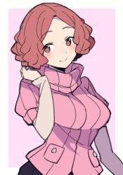 Rule 34 | 1girl, blush, border, breasts, brown eyes, brown hair, closed mouth, commentary, do m kaeru, female focus, forehead, large breasts, long sleeves, looking at viewer, matching hair/eyes, okumura haru, outside border, persona, persona 5, pink background, pink sweater, pocket, ribbed sweater, short hair, simple background, smile, solo, sweater, wavy hair, white border, white sleeves