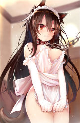 Rule 34 | 1girl, alternate costume, animal ears, apron, apron tug, blush, breasts, brown hair, chain, chain leash, collar, commentary request, efe, elbow gloves, embarrassed, enmaided, gloves, hair between eyes, imaizumi kagerou, indoors, lamp, large breasts, leash, long hair, maid, maid headdress, naked apron, red eyes, solo, standing, sweat, tail, tears, touhou, viewer holding leash, white gloves, wolf ears, wolf tail