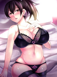 Rule 34 | 10s, 1girl, bra, breasts, brown hair, curvy, jewelry, kaga (kancolle), kantai collection, large breasts, lingerie, looking at viewer, nishida megane, panties, ring, short hair, side ponytail, solo, thick thighs, thighs, underwear, underwear only, wedding band, wide hips