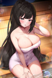 Rule 34 | 1girl, absurdres, arm up, bare arms, black hair, blunt bangs, blush, breasts, cleavage, closed mouth, collarbone, commentary request, commission, dadamyu, grey eyes, highres, large breasts, lens flare, long hair, naked towel, onsen, original, parted lips, sitting, smile, thighs, towel, wooden wall