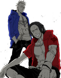 Rule 34 | 2boys, belt, blue shirt, freckles, hand in pocket, indian style, jewelry, jolly roger, male focus, marco (one piece), multiple boys, necklace, one piece, open clothes, open shirt, pirate, portgas d. ace, red shirt, shirt, sitting, smile, spot color, standing, tattoo, xla009