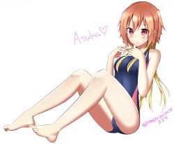 Rule 34 | 1girl, absurdres, artist name, bare shoulders, barefoot, blonde hair, blue one-piece swimsuit, blush, brown hair, cameltoe, character name, collarbone, competition swimsuit, full body, hair between eyes, highres, idolmaster, idolmaster cinderella girls, mocacoco339, multicolored hair, ninomiya asuka, one-piece swimsuit, red eyes, simple background, sitting, solo, sweatdrop, swimsuit, two-tone hair, white background