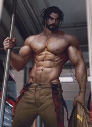 Rule 34 | 1boy, abs, aenaluck, artist name, bara, beard, black hair, brown pants, chest hair, closed mouth, facial hair, firefighter, firefighter jacket, highres, holding, holding clothes, holding jacket, indoors, jacket, unworn jacket, large pectorals, male focus, muscular, muscular male, navel, navel hair, nipples, original, pants, pectorals, short hair, solo, topless male