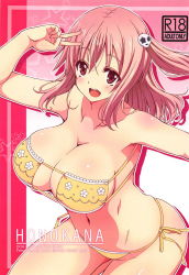 Rule 34 | 1girl, bare hips, bare legs, bare shoulders, bikini, cleavage cutout, breasts, cleavage, dead or alive, dead or alive xtreme venus vacation, hair ornament, hairclip, hand up, highres, honoka (doa), large breasts, legs apart, long hair, looking at viewer, open mouth, pink hair, red eyes, side-tie bikini bottom, side ponytail, sideboob, micro bikini, solo, swimsuit, thick thighs, thighs, v