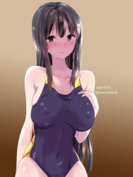Rule 34 | 1girl, black hair, blush, breasts, brown eyes, collarbone, competition swimsuit, covered navel, cowboy shot, dated, enomoto hidehira, covered erect nipples, large breasts, long hair, looking at viewer, nose blush, one-piece swimsuit, original, parted lips, solo, swimsuit, twitter username
