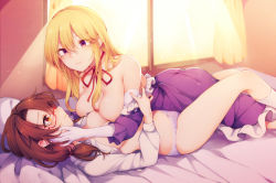 Rule 34 | 2girls, backlighting, blonde hair, blurry, blurry background, blush, bow, bow panties, breasts, brown eyes, brown hair, closed mouth, clothes pull, depth of field, dress, dress pull, glasses, gloves, hair tie, hand on another&#039;s face, indoors, large breasts, long dress, long sleeves, looking at another, lying, medium breasts, medium hair, multiple girls, navel, neck ribbon, on back, on bed, on stomach, panties, purple eyes, purple panties, red-framed eyewear, ribbon, semi-rimless eyewear, shirt, skindentation, smile, socks, sunlight, tama (soon32281), touhou, twintails, under-rim eyewear, underwear, usami sumireko, white gloves, white legwear, white shirt, window, yakumo yukari, yuri