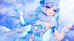 Rule 34 | 1girl, bird, blue eyes, blue gloves, breasts, gloves, highres, indie virtual youtuber, long hair, looking at viewer, mikazuki silvi, navel, owl, owl ears, owl girl, ribbon, shizuya (szy tw), small breasts, smile, snow, snowflakes, snowing, solo, virtual youtuber, white hair, winter