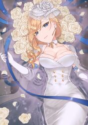 Rule 34 | 1girl, absurdres, araarakawayui, azur lane, blonde hair, blue eyes, breasts, buttons, cleavage, closed mouth, coat, coat on shoulders, collarbone, covered navel, cowboy shot, curvy, detached collar, double-breasted, dress, drill hair, earrings, flower, gloves, hair flower, hair ornament, hair over shoulder, highres, hood (azur lane), hood (dawnlight&#039;s dame) (azur lane), jewelry, large breasts, long hair, lying, medium breasts, official alternate costume, on back, partially submerged, petals, petals on liquid, rose, smile, solo, water, wedding dress, white dress, white flower, white gloves, white rose, wide hips