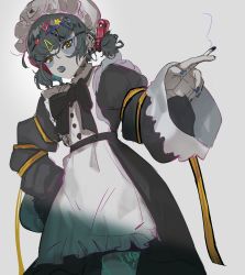 Rule 34 | 1girl, bags under eyes, black hair, cigarette, dress, highres, holding, holding cigarette, indie virtual youtuber, jiangshi, long sleeves, looking at viewer, maid, maid headdress, medium hair, open mouth, seimannu, smoke, solo, virtual youtuber, wide sleeves, yellow eyes, yosumi (vtuber)