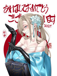 1girl absurdres asuna_(blue_archive) bare_shoulders black_gloves blonde_hair blue_archive blue_eyes braid braided_bun elbow_gloves gloves grin hair_bun hair_ornament hair_over_one_eye happy_new_year highres japanese_clothes kimono kuroishi_ringo latex latex_gloves long_hair looking_at_viewer new_year sideways_glance simple_background smile solo teeth upper_body white_background