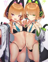 Rule 34 | 2girls, animal ear headphones, animal ears, bare shoulders, between breasts, bikini, black bikini, blue archive, blue necktie, blush, breasts, brown hair, cat ear headphones, cat ears, cat tail, coat, detached collar, earmuffs, fake animal ears, green eyes, halo, headphones, headphones around neck, headset, highres, jacket, long hair, looking at viewer, micro bikini, midori (blue archive), momoi (blue archive), multiple girls, navel, necktie, necktie between breasts, off shoulder, open clothes, open mouth, short hair, short necktie, siblings, simple background, sisters, small breasts, smile, swimsuit, tail, talte01, thighhighs, twins, v, white jacket