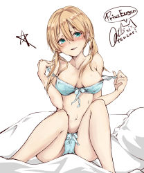 Rule 34 | 10s, 1girl, :d, artist name, bad anatomy, bed sheet, blonde hair, blue bra, blue panties, blush, bra, breasts, character name, cleavage, green eyes, hair between eyes, head tilt, kantai collection, knees up, long hair, looking at viewer, low twintails, navel, off shoulder, open mouth, panties, poorly drawn, prinz eugen (kancolle), pulling own clothes, rizzl, simple background, sitting, smile, solo, speech bubble, stomach, strap pull, twintails, underwear, underwear only, undressing, white background