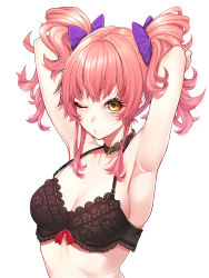Rule 34 | 1girl, armpits, arms behind head, black bra, bow, bra, breasts, collar, commentary, highres, idolmaster, idolmaster cinderella girls, jougasaki mika, lace, lace bra, long eyelashes, looking at viewer, medium breasts, medium hair, mikan (chipstar182), one eye closed, pink hair, sidelocks, simple background, solo, two side up, underwear, underwear only, upper body, white background, yellow eyes
