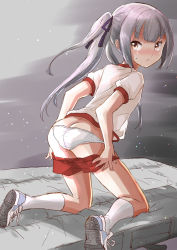 Rule 34 | 1girl, alternate costume, brown eyes, buruma, clothes pull, commentary request, from behind, fuji (pixiv24804665), grey hair, gym shirt, gym uniform, highres, kantai collection, kasumi (kancolle), kneehighs, kneeling, long hair, mattress, panties, red buruma, shirt, shoes, short sleeves, shorts, shorts pull, side ponytail, sneakers, socks, solo, t-shirt, underwear, white socks, white panties, white shirt