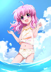 Rule 34 | 1girl, :d, aged down, ahoge, blue sky, bow, bow panties, camisole, cloud, cloudy sky, commentary request, crotch seam, day, flat chest, flower, hair flower, hair ornament, highres, kyrie florian, long hair, looking at viewer, lyrical nanoha, mahou shoujo lyrical nanoha reflection, miyajima hitoshi, navel, ocean, open mouth, outdoors, panties, pink hair, print panties, print shirt, purple eyes, shirt, sky, smile, solo, standing, strap slip, striped clothes, striped panties, striped shirt, underwear, underwear only, w arms, wading, water, water drop, yellow panties, yellow shirt