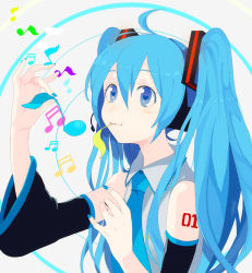 Rule 34 | 1girl, ahoge, bad id, bad pixiv id, blue eyes, blue hair, detached sleeves, eating, female focus, harano, hatsune miku, long hair, matching hair/eyes, musical note, nail polish, necktie, solo, twintails, vocaloid, white background