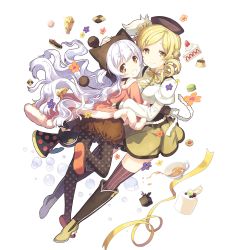 Rule 34 | 10s, 2girls, beret, blonde hair, boots, brown legwear, bubble, bubble skirt, cake, cake slice, candy, checkerboard cookie, cheese, cookie, corset, cup, dessert, detached sleeves, drill hair, fingerless gloves, flower, food, fruit, full body, gloves, hair ornament, hairpin, hat, headpat, hug, instrument, kaguyuzu, knee boots, long hair, looking at viewer, macaron, magical girl, mahou shoujo madoka magica, mahou shoujo madoka magica: hangyaku no monogatari, momoe nagisa, multicolored eyes, multiple girls, mutual hug, official art, pantyhose, pastry, pleated skirt, polka dot, polka dot legwear, pom pom (clothes), pudding, puffy sleeves, ribbon, ringed eyes, skirt, smile, strawberry, strawberry shortcake, striped clothes, striped legwear, striped thighhighs, swiss cheese, tea, teacup, thighhighs, tomoe mami, transparent background, trumpet, twin drills, twintails, two side up, vertical-striped clothes, vertical-striped legwear, vertical-striped thighhighs, whipped cream, white hair, yellow eyes, yellow ribbon
