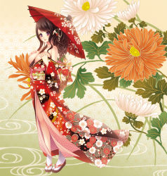 Rule 34 | 1girl, asa no ha (pattern), bad id, bad pixiv id, bare shoulders, between breasts, breasts, brown hair, chrysanthemum, covering privates, covering breasts, floral print, flower, hair ornament, hands on own chest, hexagon, highres, japanese clothes, kimono, large breasts, leaf, momoi komomo, obi, off shoulder, oil-paper umbrella, original, patterned, peony print, purple eyes, sandals, sash, smile, solo, tabi, umbrella, wavy hair, white legwear, wide sleeves