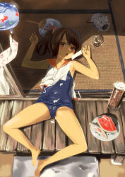 Rule 34 | 10s, 1girl, armpits, asanagi, barefoot, blush, brown eyes, brown hair, can, feet, food, from above, fruit, hand fan, highres, i-401 (kancolle), kantai collection, long hair, looking at viewer, lying, one-piece swimsuit, paper fan, ponytail, popsicle, revision, sailor collar, school swimsuit, school uniform, sexually suggestive, shiny clothes, shiny skin, short hair, short ponytail, solo, sweat, swimsuit, swimsuit under clothes, tan, tatami, toes, uchiwa, veranda, watermelon, watermelon seeds, wind chime