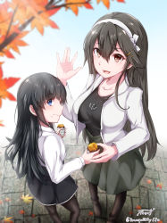 Rule 34 | 2girls, alternate costume, asashio (kancolle), autumn leaves, baileys (tranquillity650), black hair, black legwear, blouse, blue eyes, blush, boots, breasts, brown eyes, day, dress, eating, food, food on face, hair ornament, hairband, hairclip, hand up, haruna (kancolle), highres, holding, holding food, jacket, jewelry, kantai collection, large breasts, long hair, long sleeves, looking at viewer, multiple girls, necklace, open clothes, open jacket, open mouth, outdoors, pantyhose, pinafore dress, school uniform, shirt, signature, skirt, sleeveless, sleeveless dress, smile, sweet potato, thighhighs, white shirt