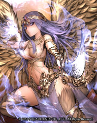 Rule 34 | 10s, 1girl, 2012, armband, breasts, centauroid, convenient censoring, feathered wings, fur, guardian cross, hair censor, long hair, magic, monster girl, navel, official art, purple eyes, purple hair, raypass, see-through, sidelocks, solo, square enix, sword, taur, vambraces, weapon, wings