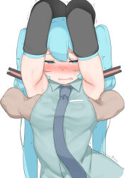 Rule 34 | 1boy, 1girl, abmayo, armpits, blush, breasts, detached sleeves, grabbing, grabbing another&#039;s breast, grabbing from behind, green necktie, grey shirt, hatsune miku, hetero, highres, long hair, necktie, open mouth, shirt, solo focus, twintails, vocaloid
