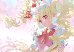 Rule 34 | 1girl, absurdres, blonde hair, bow, bowtie, closed mouth, cure macherie, eyelashes, highres, hugtto! precure, long hair, petals, pink shirt, precure, red bow, red bowtie, red eyes, shipu (gassyumaron), shirt, short sleeves, smile, solo, upper body, very long hair, white sleeves