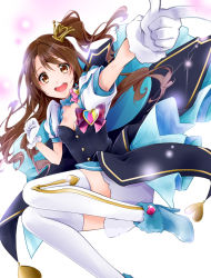 Rule 34 | 10s, 1girl, :d, akatsuki hijiri, ankle boots, arm up, blouse, blush, boots, breasts, brown eyes, brown hair, choker, cleavage, coattails, crown, finger gun, fur trim, gloves, heart, high heel boots, high heels, idolmaster, idolmaster cinderella girls, juliet sleeves, jumping, long hair, long sleeves, looking at viewer, mini crown, open mouth, pointing, puff and slash sleeves, puffy short sleeves, puffy sleeves, ribbon, shimamura uzuki, shirt, short sleeves, side ponytail, small breasts, smile, solo, star!!, tailcoat, thighhighs, wavy hair, white gloves, white thighhighs