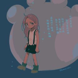 Rule 34 | 1girl, ahoge, bear paw, black shorts, blue background, boots, child, closed mouth, demorzel, facial mark, highres, jewelry bonney, light frown, long hair, one piece, pink eyes, pink hair, shirt, shorts, sleeveless, solo, spoilers, suspender shorts, suspenders, translation request, white shirt