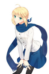 Rule 34 | 1girl, absurdres, ahoge, artoria pendragon (all), artoria pendragon (fate), black legwear, blonde hair, blue scarf, blue skirt, braid, eyebrows, fate/stay night, fate (series), green eyes, highres, jacket, karinzero, looking at viewer, official alternate costume, saber (fate), scarf, skirt, smile, solo, standing, white jacket