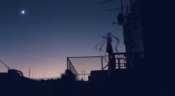 Rule 34 | aqua hair, chain-link fence, dusk, fence, hatsune miku, highres, long hair, moon, radio antenna, rooftop, short sleeves, stairs, standing, star (symbol), twilight, twintails, vocaloid, wide shot, yuhack