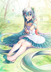 Rule 34 | 1girl, absurdly long hair, aqua eyes, aqua hair, bug, butterfly, day, dress, full body, grass, hatsune miku, insect, long hair, looking at viewer, open mouth, outdoors, pantyhose, sitting, solo, twintails, v, very long hair, vocaloid, white pantyhose, xiaosan ye