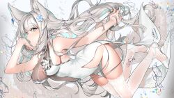 Rule 34 | 1girl, animal ears, armpits, bare shoulders, blue eyes, blue nails, breasts, bright pupils, cleavage, collarbone, dress, flower, fox ears, fox girl, fox tail, from side, grey hair, hair flower, hair ornament, halter dress, halterneck, high heels, highres, large breasts, lipstick, long hair, looking at viewer, makeup, mayuri kaichou, mole, mole under eye, nail polish, open mouth, original, pelvic curtain, profile, sleeveless, sleeveless dress, solo, tail, thighhighs, thighs, very long hair, white footwear, white pupils, white thighhighs