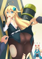 Rule 34 | 1boy, 2girls, absurdres, ahoge, antenna hair, ass, back, bare shoulders, blonde hair, blue eyes, commentary, crossed arms, goryoukaku (oshiro project), hair ornament, hair ribbon, highres, holding, holding clothes, holding needle, jacket, long hair, looking at viewer, looking back, lord (oshiro project), multiple girls, needle, oshiro project:re, oshiro project:re, pantyhose, ribbon, shiryoukaku (oshiro project), star (symbol), star hair ornament, supuraito, tears, torn clothes, torn legwear, very long hair
