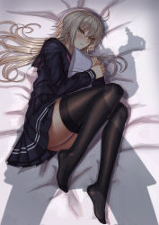 Rule 34 | 1girl, ahoge, bed, black thighhighs, fate/grand order, fate (series), feet, highres, jeanne d&#039;arc (fate), jeanne d&#039;arc alter (avenger) (fate), jeanne d&#039;arc alter (fate), long hair, looking at viewer, lying, nairobi song, no shoes, hugging object, on bed, pillow, pillow hug, school uniform, serafuku, shadow, silver hair, skirt, thighhighs, yellow eyes