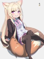 Rule 34 | 1girl, animal ear fluff, animal ears, arm support, black jacket, black thighhighs, blazer, blonde hair, bow, collared shirt, commentary request, commission, diagonal-striped bow, dress shirt, feet out of frame, fox ears, fox girl, fox tail, grin, highres, jacket, knees together feet apart, knees up, kuro kosyou, long hair, long sleeves, looking at viewer, open clothes, open jacket, original, pink bow, pink eyes, pink skirt, pixiv commission, pleated skirt, purple eyes, school uniform, shirt, sitting on tail, skirt, smile, solo, tail, thighhighs, very long hair, white shirt, wooden floor
