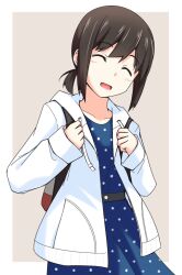 Rule 34 | 1girl, ^ ^, backpack, bag, belt, black hair, blue dress, border, brown background, casual, closed eyes, commentary request, dress, facing viewer, fubuki (kancolle), hishamaru (hisyamaru3104), kantai collection, low ponytail, official alternate costume, open mouth, polka dot, polka dot dress, short ponytail, sidelocks, simple background, smile, solo, sweater, upper body, white border, white sweater