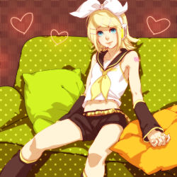 Rule 34 | 1girl, aqua eyes, bad id, bad pixiv id, bare shoulders, blonde hair, couch, detached sleeves, green upholstery, hair ornament, hair ribbon, hairclip, headphones, headset, heart, highres, kagamine rin, lucy (artist), patterned upholstery, pillow, polka dot, ribbon, ruushii, sailor collar, short hair, shorts, sitting, smile, solo, vocaloid
